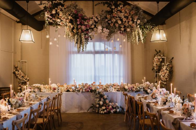 Reception venue styled with florals by Hunter Valley Wedding Planner Peonies