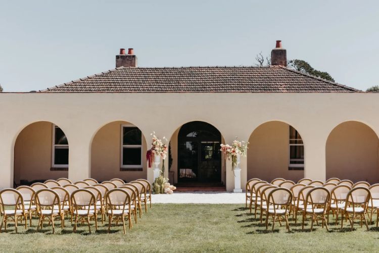 Modernised farm wedding venue with Mediterranean arches at Mount William