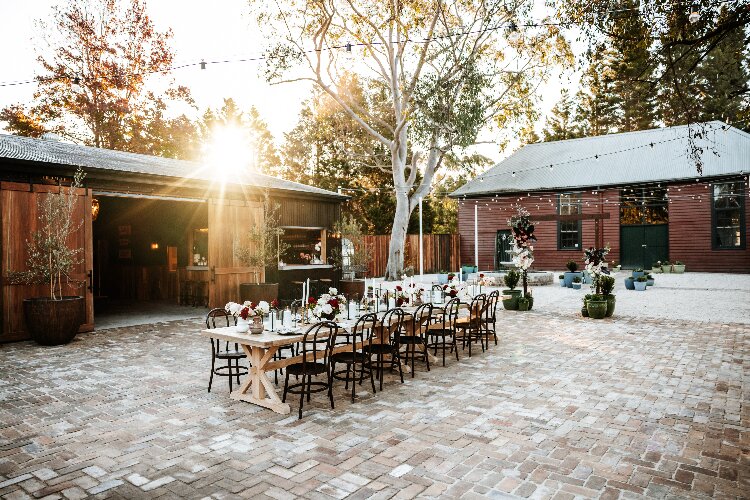Outdoor wedding venue with a rustic bar
