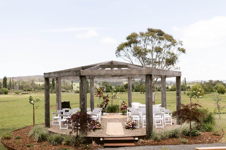 Unusual wedding ceremony site with circular timber arbour in Berry NSW