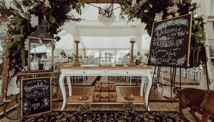 Marquee wedding venue at Fernbank Farm styled with rustic wedding decor